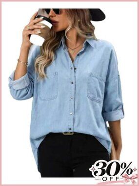 Women's Plus Size Snap Button Denim Shirt Long Sleeve Oversized Shacket
